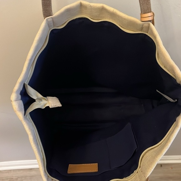 Marc Lamar Canvas Tote Bag Leather Handles & Trim Striped Zipper Top Jute Tassel - Picture 6 of 9